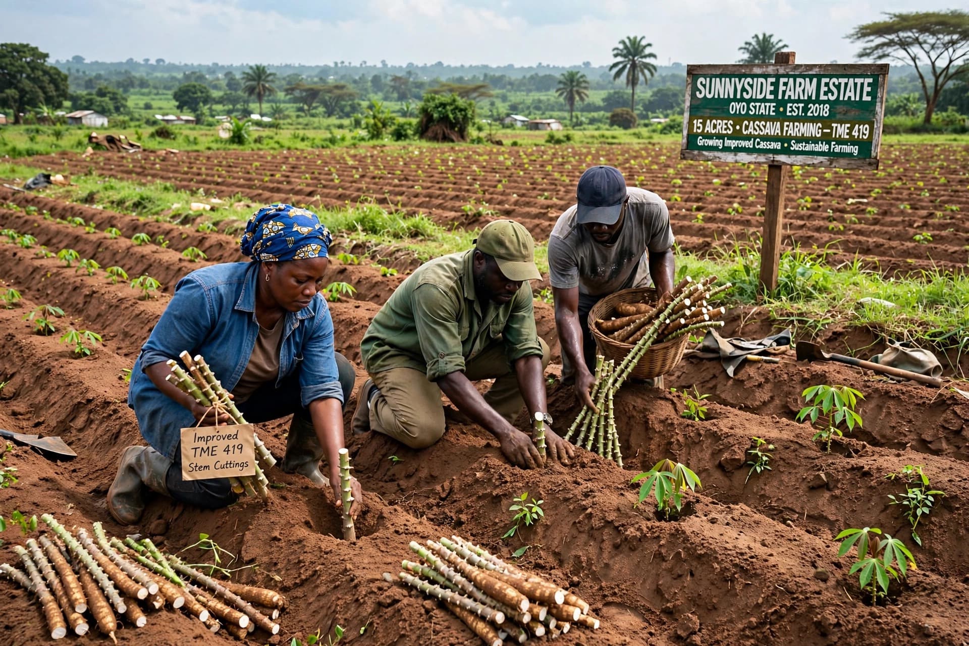 Cassava harvest on Sunnyside Farm Estate — farmers with fresh TME 419 roots