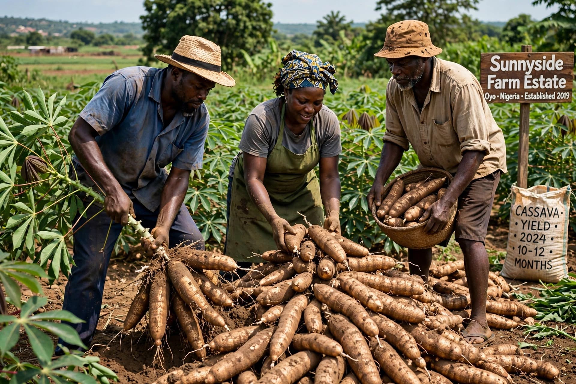 Farmers planting TME 419 cassava stem cuttings on Sunnyside Farm Estate, Oyo State