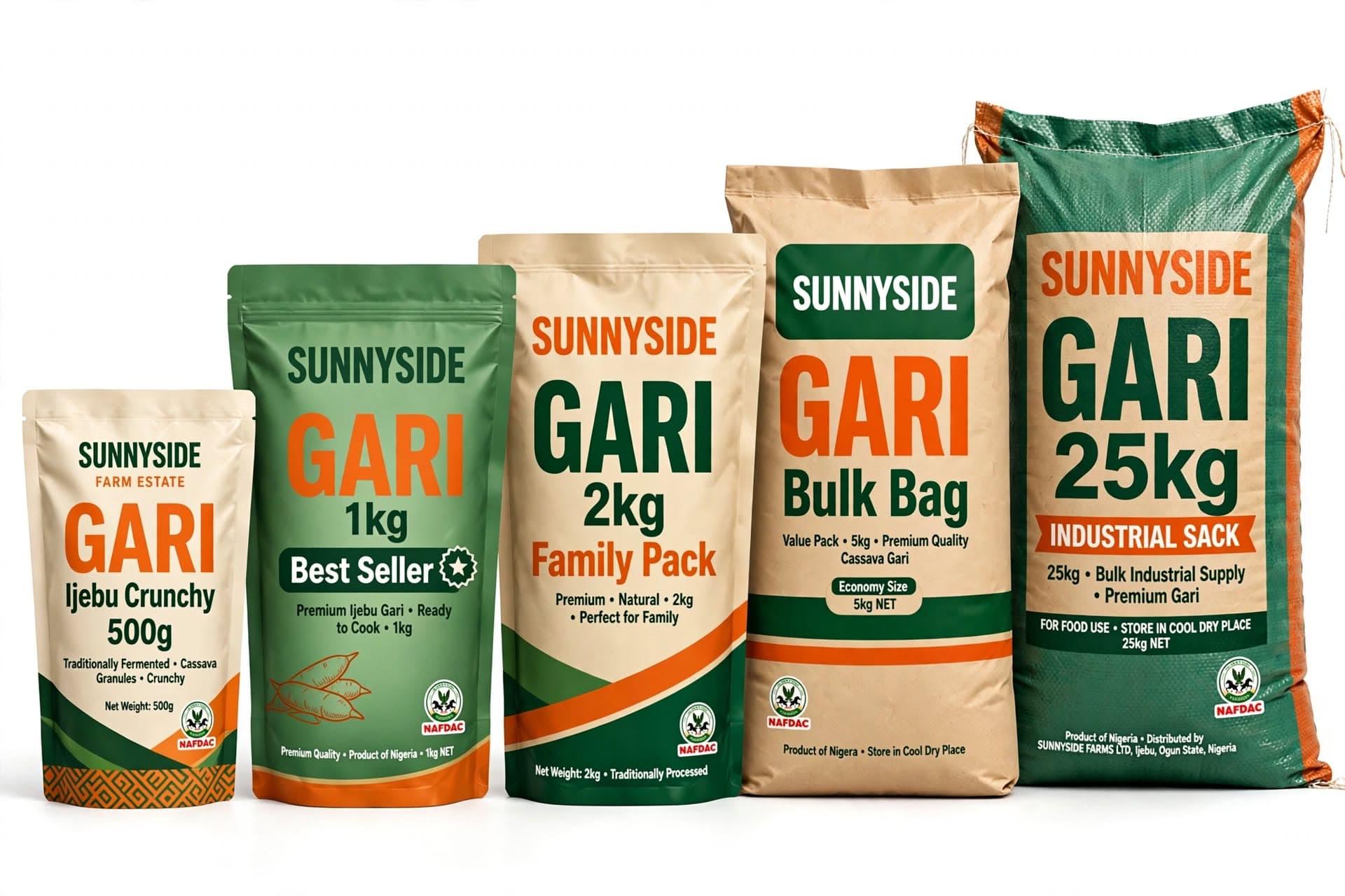 Sunnyside Gari packaging lineup — five sizes from 500g to 25kg